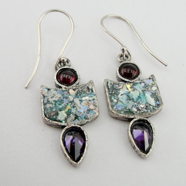 Roman glass earrings , israeli earrings ,Gemstone earrings with Amethyst , (2002e