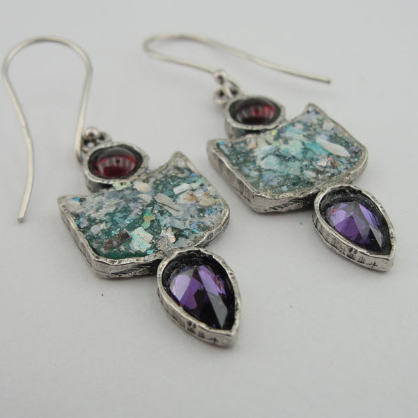 Roman glass earrings , israeli earrings ,Gemstone earrings with Amethyst , (2002e
