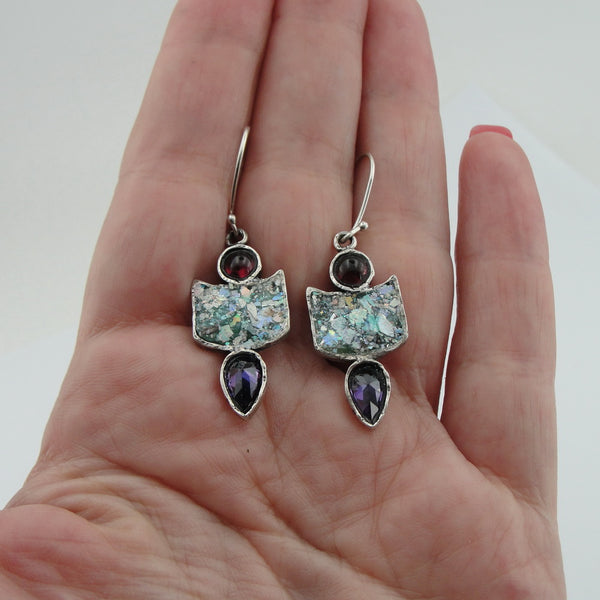 Roman glass earrings , israeli earrings ,Gemstone earrings with Amethyst , (2002e