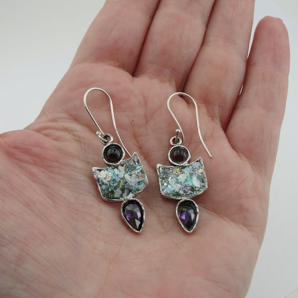 Roman glass earrings , israeli earrings ,Gemstone earrings with Amethyst , (2002e