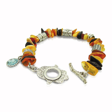 Bracelet - Amber Bracelet With A Hamsa Hand Closer And Flower Shapes