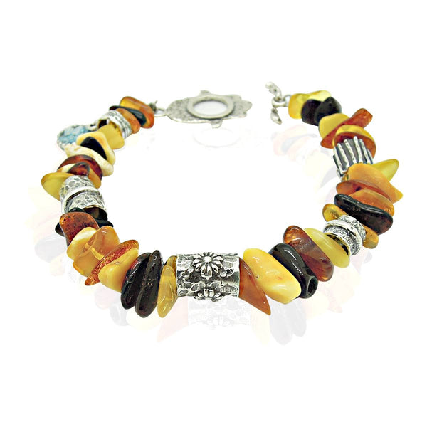 Bracelet - Amber Bracelet With A Hamsa Hand Closer And Flower Shapes