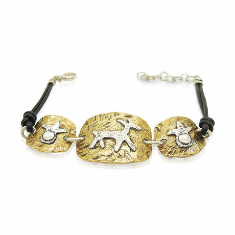 Bracelet - Brass Bracelet, Leather & Silver Closer, Animal Figure