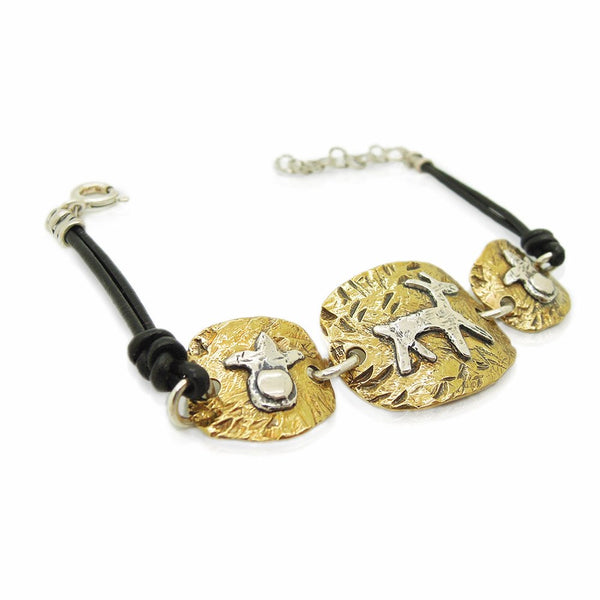 Bracelet - Brass Bracelet, Leather & Silver Closer, Animal Figure