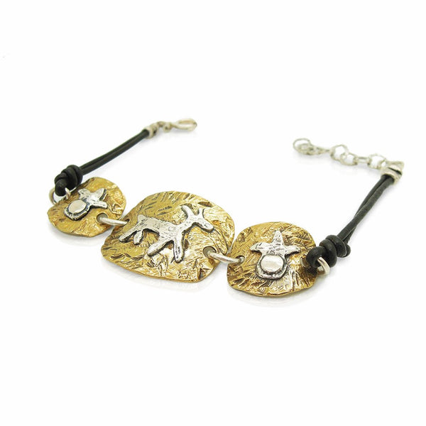 Bracelet - Brass Bracelet, Leather & Silver Closer, Animal Figure