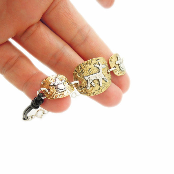 Bracelet - Brass Bracelet, Leather & Silver Closer, Animal Figure