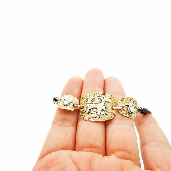 Bracelet - Brass Bracelet, Leather & Silver Closer, Animal Figure
