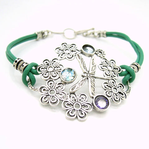 Bracelet - Dragonfly Bracelet With Leather, Sterling Silver And Gemstones