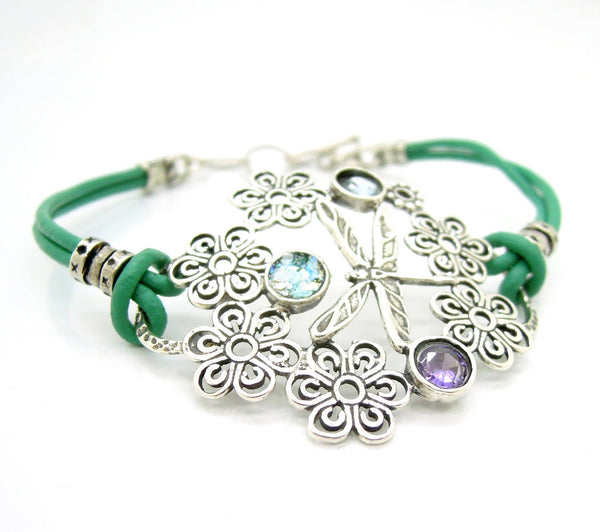 Bracelet - Dragonfly Bracelet With Leather, Sterling Silver And Gemstones