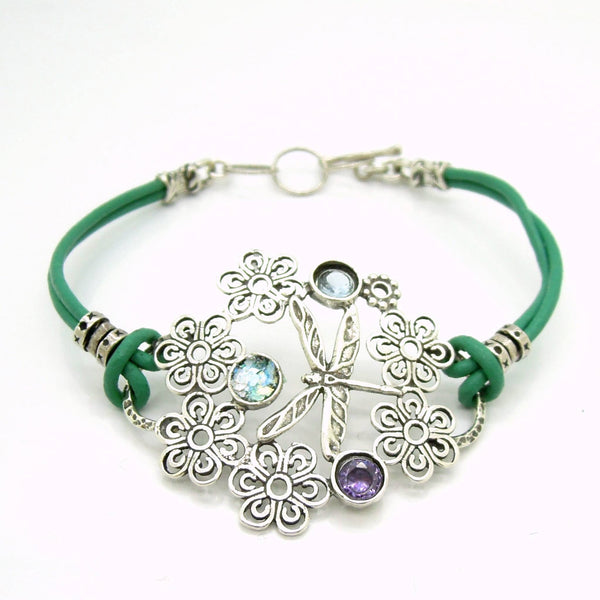 Bracelet - Dragonfly Bracelet With Leather, Sterling Silver And Gemstones