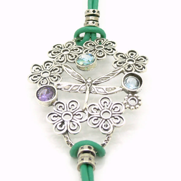 Bracelet - Dragonfly Bracelet With Leather, Sterling Silver And Gemstones