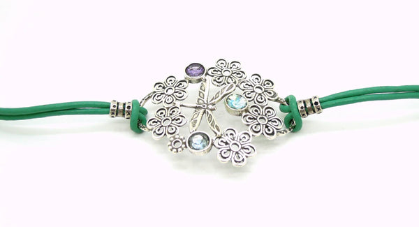 Bracelet - Dragonfly Bracelet With Leather, Sterling Silver And Gemstones