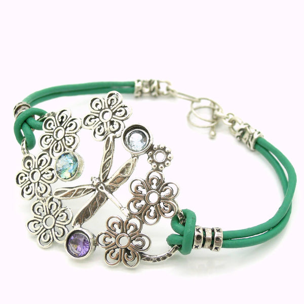 Bracelet - Dragonfly Bracelet With Leather, Sterling Silver And Gemstones