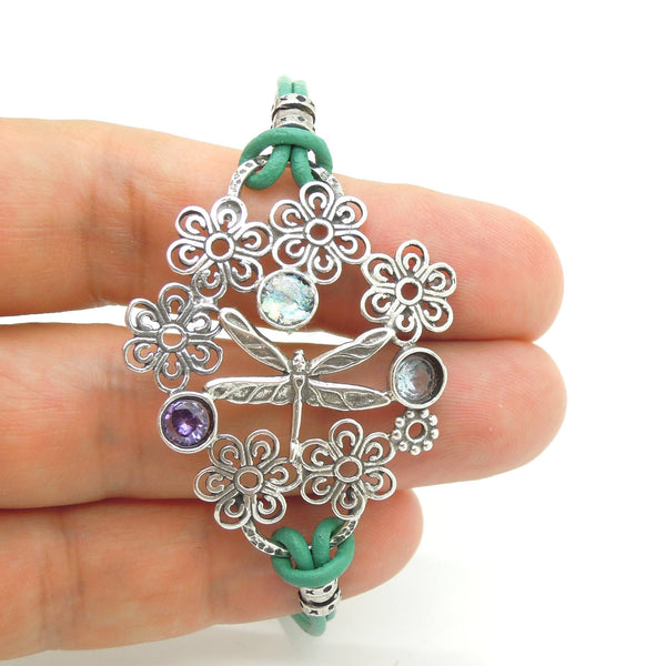 Bracelet - Dragonfly Bracelet With Leather, Sterling Silver And Gemstones