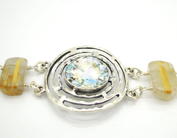 Bracelet - Large Gemstone Bracelet With Rutile Quartz And Roman Glass