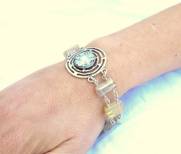 Bracelet - Large Gemstone Bracelet With Rutile Quartz And Roman Glass