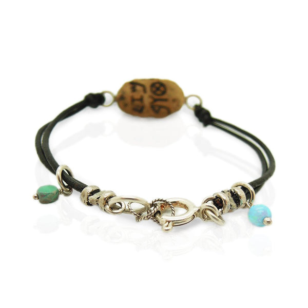 Bracelet - Leather Bracelet With A Brass Hamsa Hand, Ancient Hebrew Script And Mosaic Opal Beads