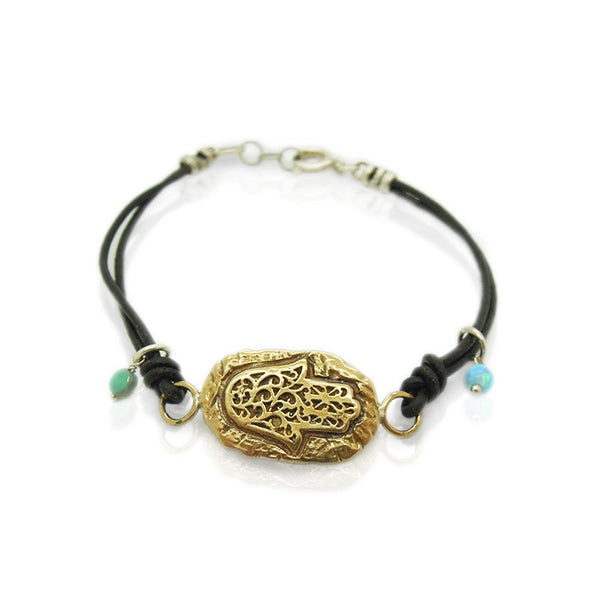 Bracelet - Leather Bracelet With A Brass Hamsa Hand, Ancient Hebrew Script And Mosaic Opal Beads