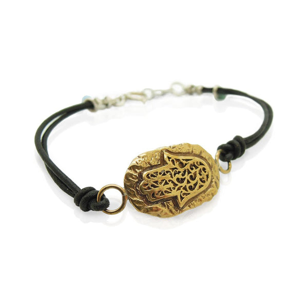 Bracelet - Leather Bracelet With A Brass Hamsa Hand, Ancient Hebrew Script And Mosaic Opal Beads