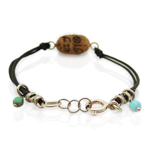 Bracelet - Leather Bracelet With A Brass Hamsa Hand, Ancient Hebrew Script And Mosaic Opal Beads