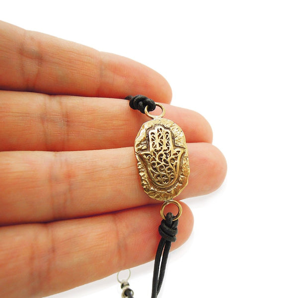 Bracelet - Leather Bracelet With A Brass Hamsa Hand, Ancient Hebrew Script And Mosaic Opal Beads