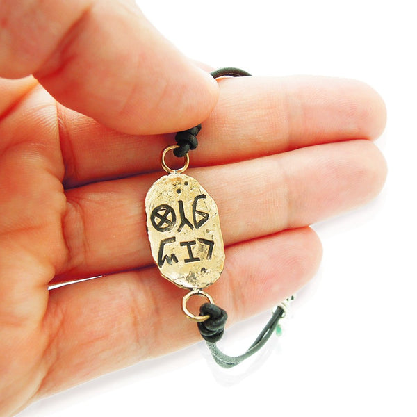 Bracelet - Leather Bracelet With A Brass Hamsa Hand, Ancient Hebrew Script And Mosaic Opal Beads