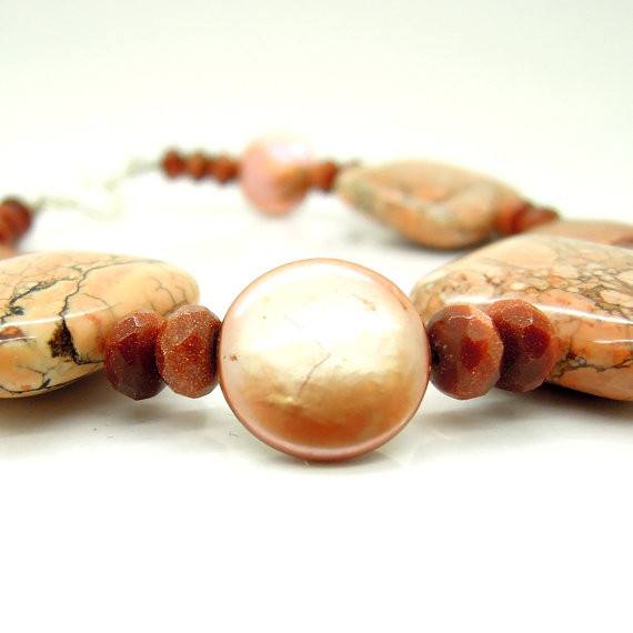 Bracelet - Pearls Gold Stone And Jasper Gemstone Bead Bracelet
