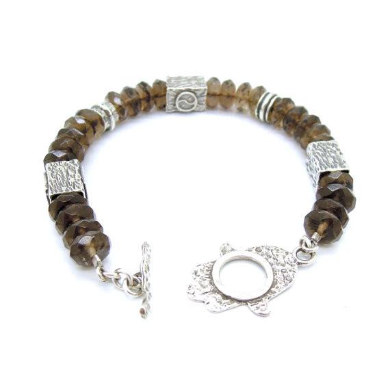 Bracelet - Smokey Quartz Bracelet With A Hamsa Hand Closer And Yin Yang Shapes