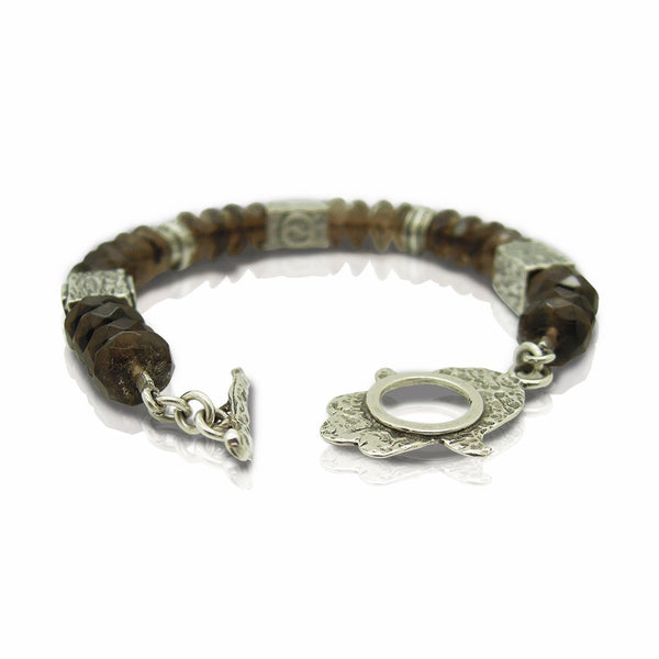 Bracelet - Smokey Quartz Bracelet With A Hamsa Hand Closer And Yin Yang Shapes