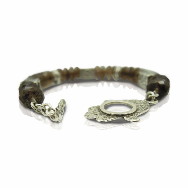 Bracelet - Smokey Quartz Bracelet With A Hamsa Hand Closer And Yin Yang Shapes