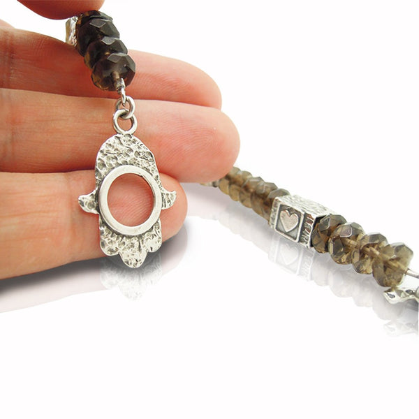 Bracelet - Smokey Quartz Bracelet With A Hamsa Hand Closer And Yin Yang Shapes