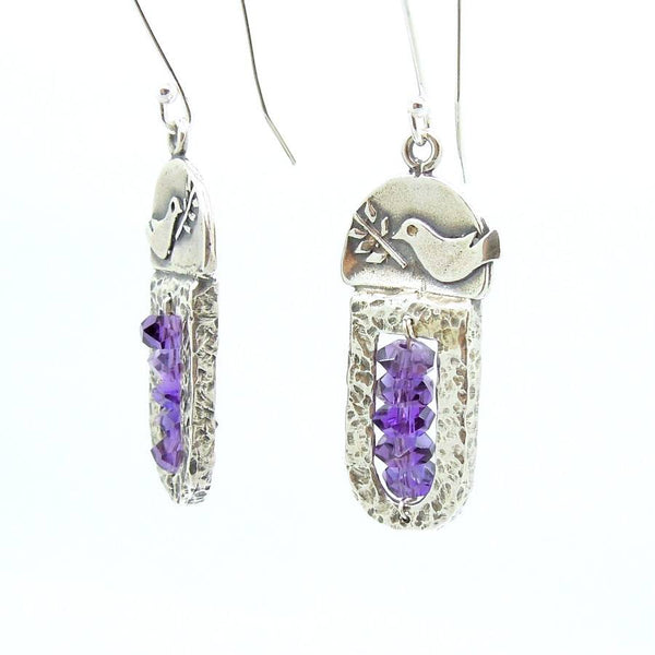 Bracelet - Sterling Silver & Amethyst Earrings With A Dove Holding A Tree Branch
