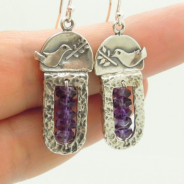Bracelet - Sterling Silver & Amethyst Earrings With A Dove Holding A Tree Branch