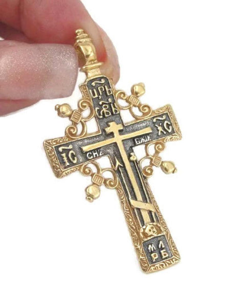 Antique cross ,orthodox cross ,jerusalem cross pendant  ,Gold plated Silver,  Huge Crucifix cross Pendant gift, 24k plated , christmas