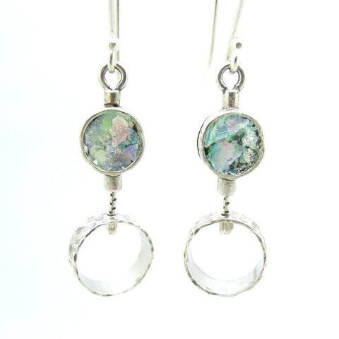 Earrings - 2 Circle Silver Earrings With Roman Glass