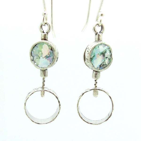 Earrings - 2 Circle Silver Earrings With Roman Glass
