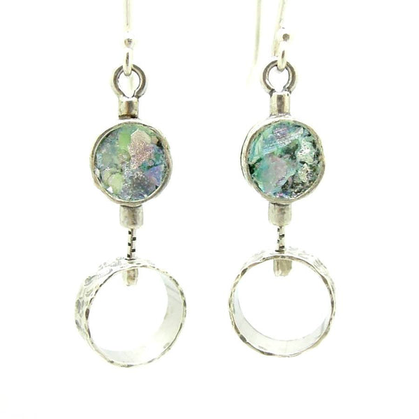 Earrings - 2 Circle Silver Earrings With Roman Glass