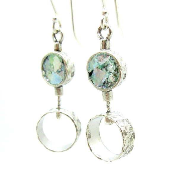 Earrings - 2 Circle Silver Earrings With Roman Glass