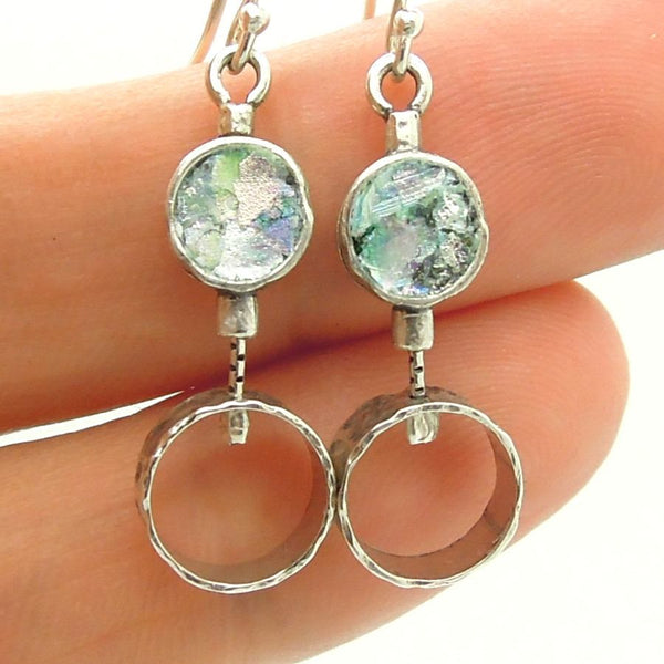 Earrings - 2 Circle Silver Earrings With Roman Glass