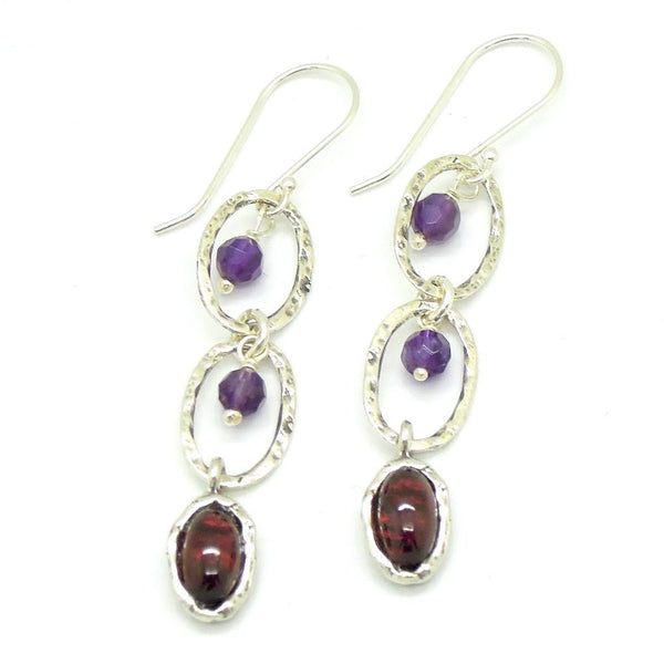Earrings - Amethyst And Garnet Chandelier Silver Earrings