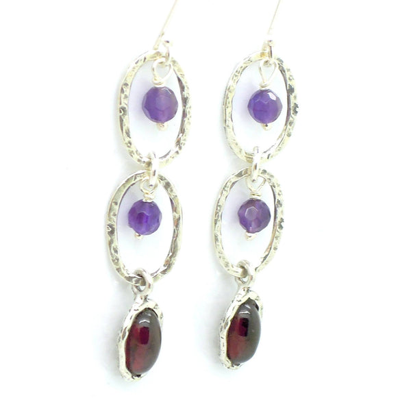 Earrings - Amethyst And Garnet Chandelier Silver Earrings