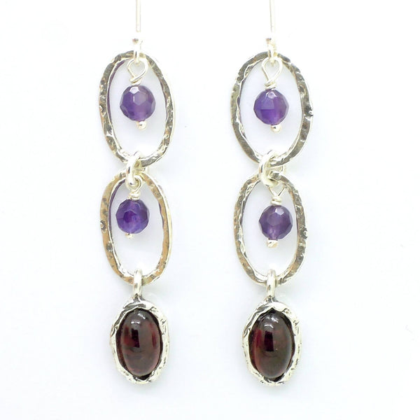 Earrings - Amethyst And Garnet Chandelier Silver Earrings
