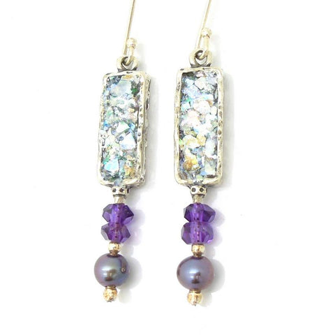 Earrings - Amethyst And Grey Pearl Roman Glass Earrings