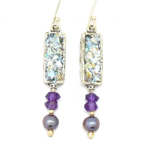 Earrings - Amethyst And Grey Pearl Roman Glass Earrings