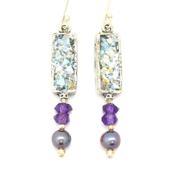 Earrings - Amethyst And Grey Pearl Roman Glass Earrings