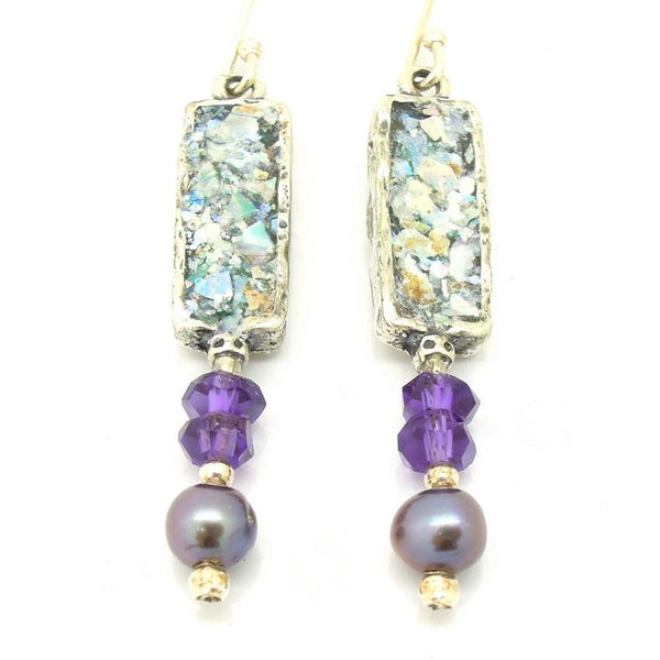 Earrings - Amethyst And Grey Pearl Roman Glass Earrings