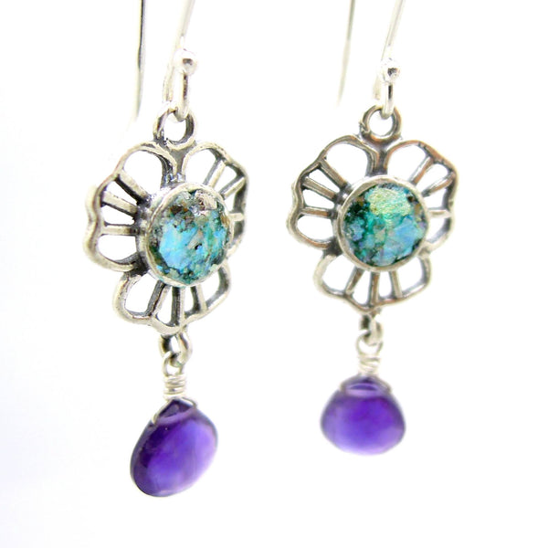 Earrings - Amethyst Earrings Flower Shaped With Authentic Roman Glass