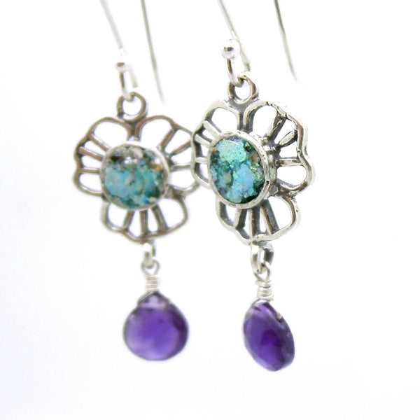 Earrings - Amethyst Earrings Flower Shaped With Authentic Roman Glass