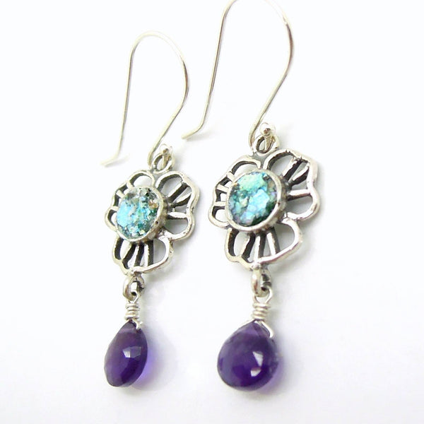 Earrings - Amethyst Earrings Flower Shaped With Authentic Roman Glass