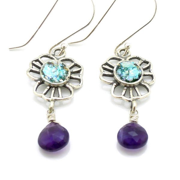 Earrings - Amethyst Earrings Flower Shaped With Authentic Roman Glass
